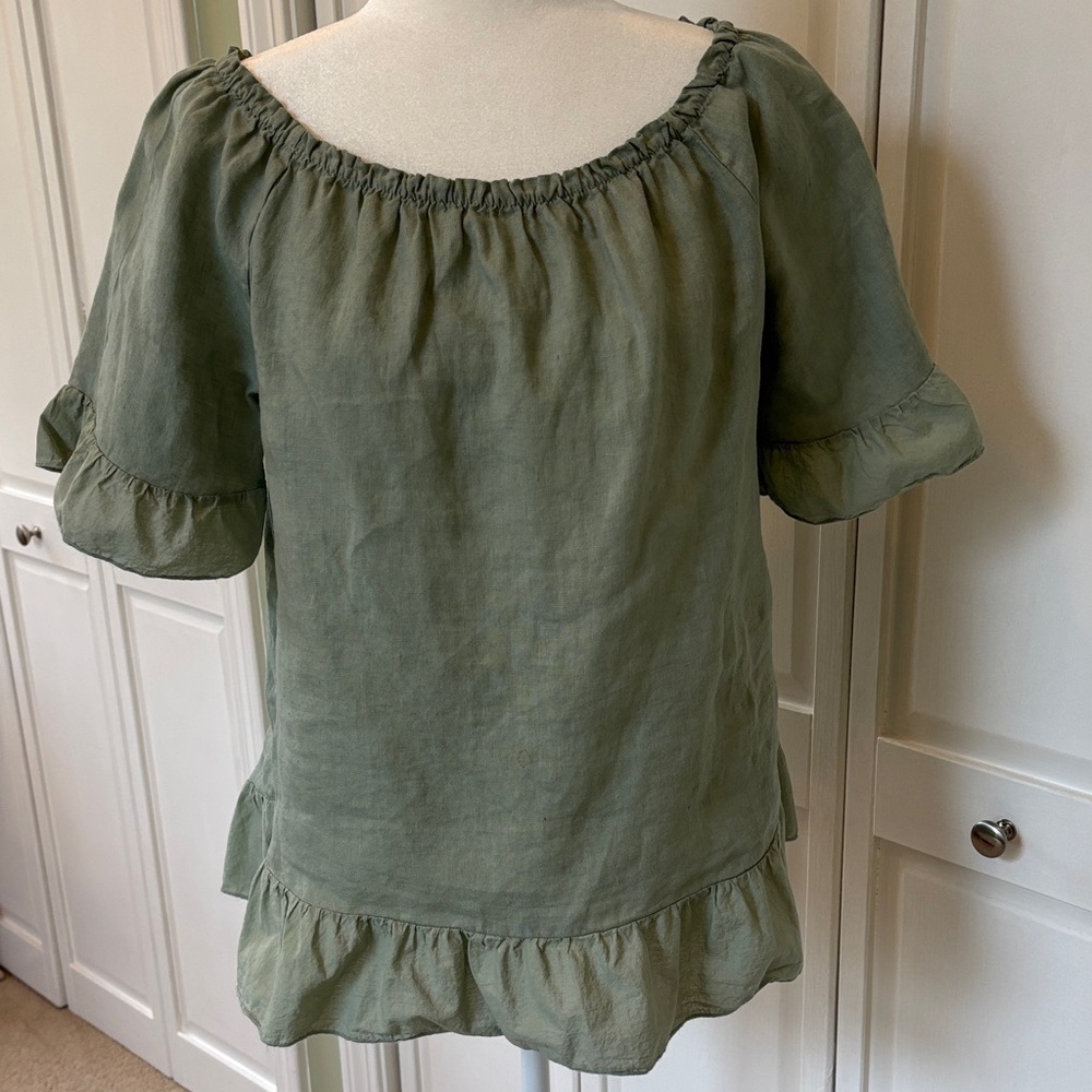 Women's Olive Green Ruffle-Hem Blouse